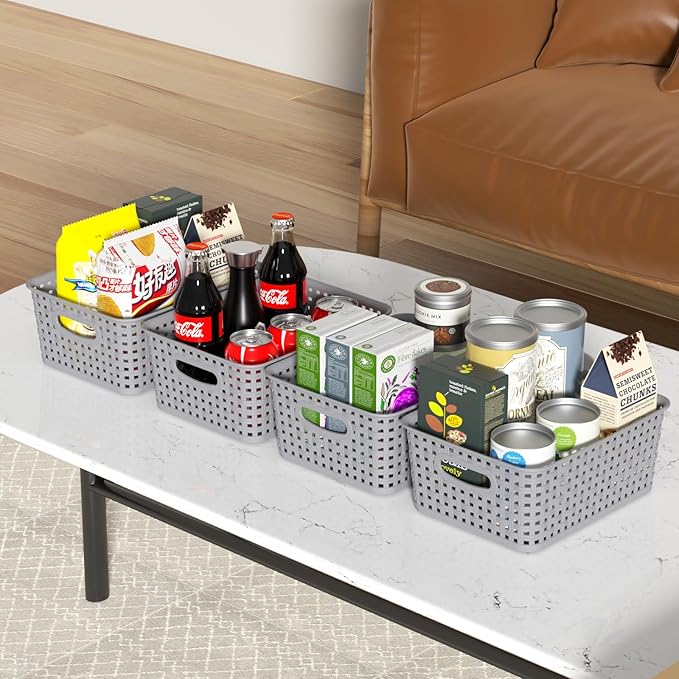 6-Pack Plastic Storage Baskets, Woven Plastic Open Storage Bin, Grey Basket for Organizing, 10.3" x 7.48" x 4.09"