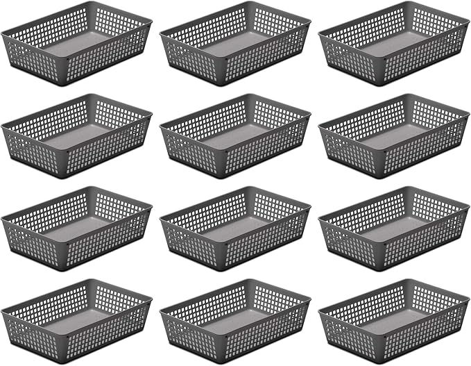 YBM HOME 12-Pack Plastic Storage Baskets Bins for Home Junk Drawer, Shelves, and Office Organization, Functional Trays/Containers Great for Kitchen Pantry, Cabinets, Bedrooms, and Bathrooms, Grey