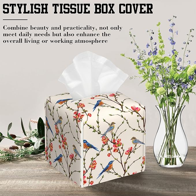 Tissue Box Holder Bird on Blossoming Branch Square Leather Tissue Box Cover Modern Cube Facial Paper Cover Case for Bathroom Vanity Countertop Night Stands Tabletop
