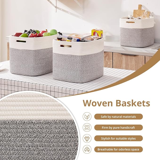 OIAHOMY 13 Kallax Inch Cube Storage Bins, 3-Pack Cotton Rope Woven Baskets for Organizing, Kallax Insert Storage Baskets for Shelves, Baby Nursery, Closet Organizer, 13 * 13 * 12.6IN, Grey & White