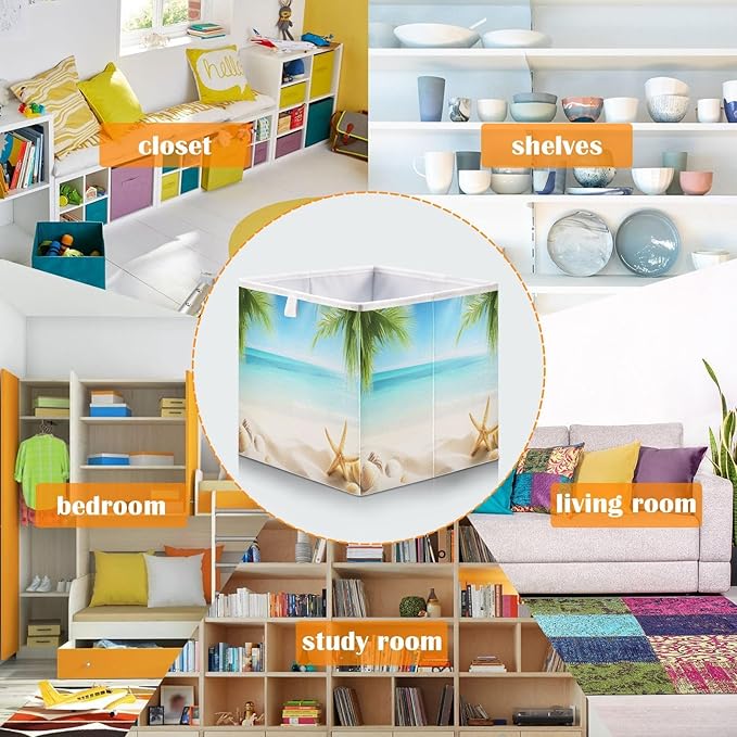 Blueangle Summer Beach Cube Storage Bin, 11 x 11 x 11 in, Large Collapsible Organizer Storage Basket for Home Décor