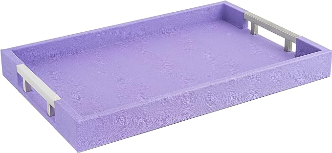 Modern Elegant 17.5"x12" Rectangle Purple Lavender Shagreen Faux Leather Decorative Tray Ottoman Coffee Table Perfume Living Room Kitchen Serving Tray with Silver Metal Handles by Home Redefined