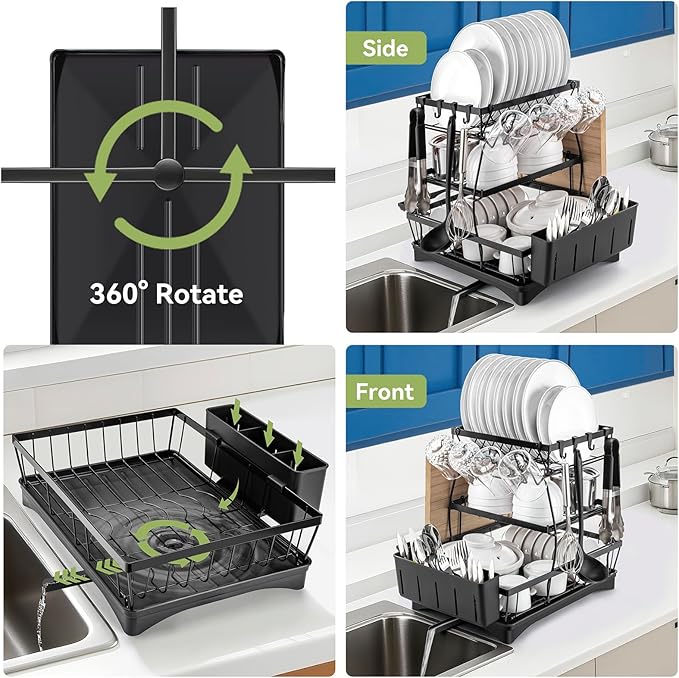 Dish Drying Rack for Kitchen Counter - 3 Tiers Stainless Steel Over Sink Dish Drainers, Space Saving Detachable Large Countertop Organizer with Utensil Holder, Cutting Board Rack (Black)