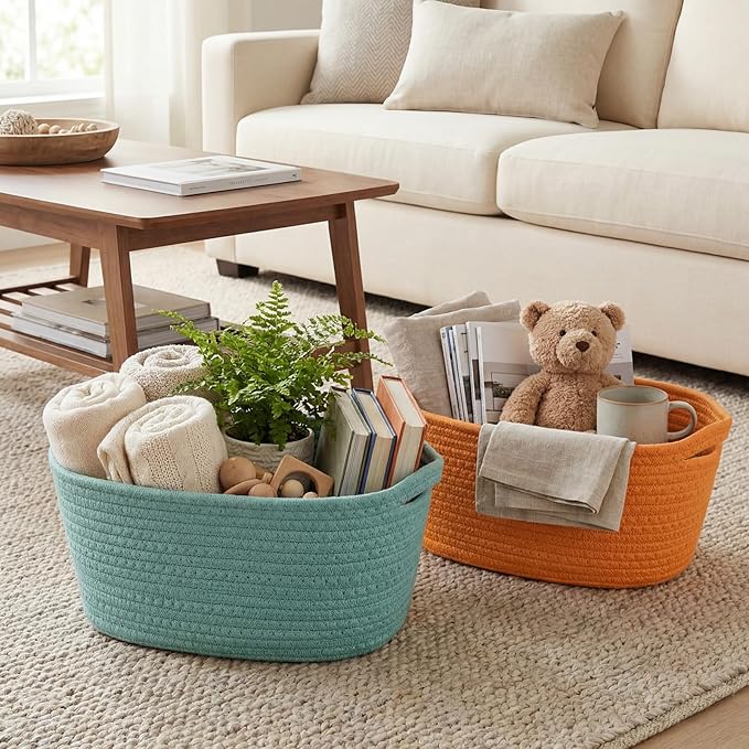 Sawysine 6 Pcs Storage Baskets Bulk for Organizing Cotton Rope Woven Basket with Handles for Gift Cloth Shelves Blanket Toys Living Room Bathroom(Morandi)