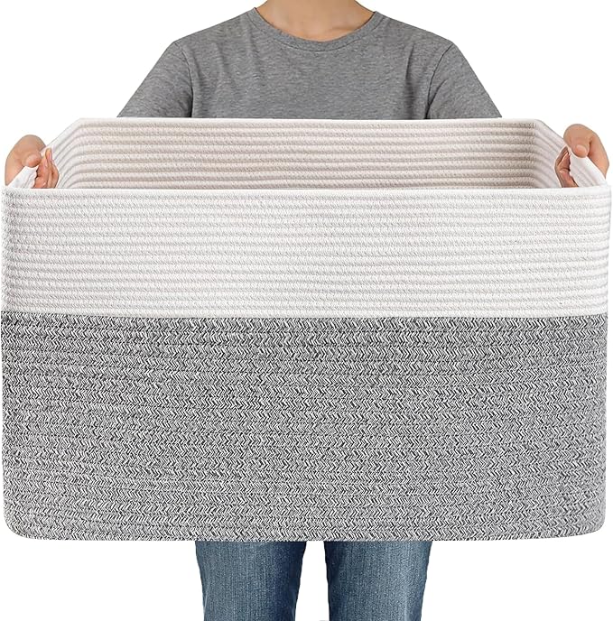 Woven Blanket Basket,65L Large Storage Bin for Blankets Toys Clothes,Decorative Rope Basket for Living Room Bedroom with Handles, White&Grey