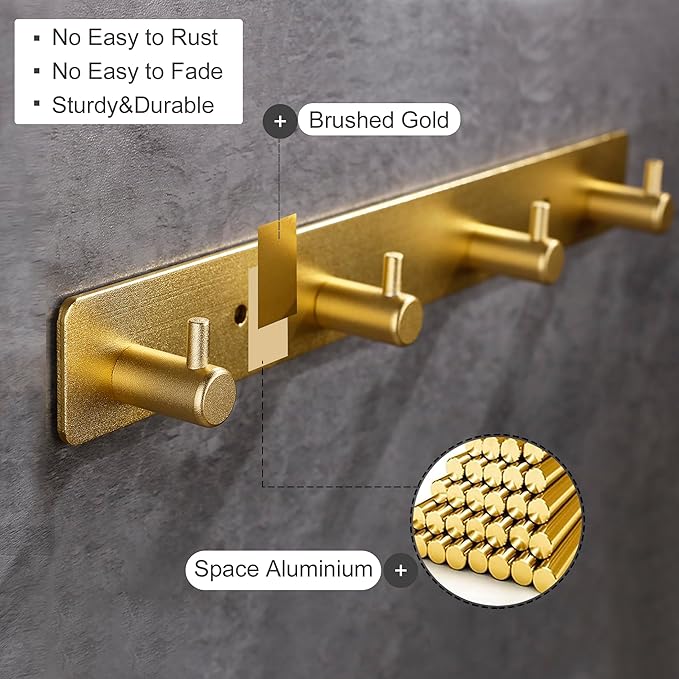 Adhesive Bathroom Gold Hook Rail, 4 Brushed Gold Wall Key Hooks Rack Hanger Towel Robe Stick Door Hooks for Bathroom Toilet Entryway Hallway Kitchen Wall Mounted