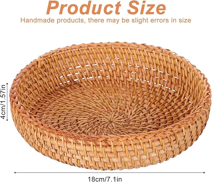 3Pcs Small Round Keys Basket Bowl for Entryway, 7â Woven Baskets Tabletop Wicker Catchall Rattan Round Tray Decorative Natural Basket Organizing Fruit Bread Basket for Keys Wallet Cell Phone