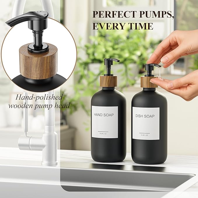 Cisily Dish Soap Dispenser Set 2 Pack 16.9oz Black Glass Bottle, Dish Soap Dispensers, Vintage Hand and Dish Soap Dispensers Set