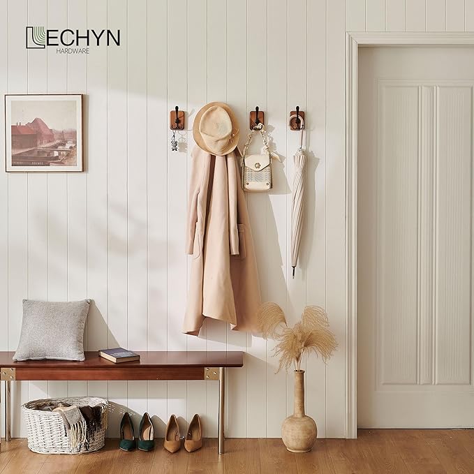 4 Pack Rustic Coat Hooks Wall Mount, Farmhouse Towel Hooks for Bathrooms, Heavy Duty Adhesive Mounted & Drill Mount Decorative Wood Wall Hooks for Hanging Towel Robe Backpack (Brown)