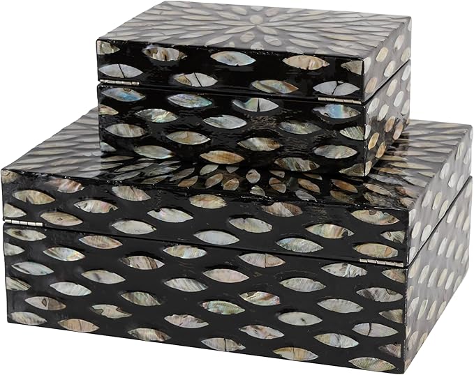 Deco 79 Mother of Pearl Shell Decorative Box Geometric Floral Decorative Keepsake Boxes with Beige Accents, Set of 2 Storage Boxes 12", 8"W, Black