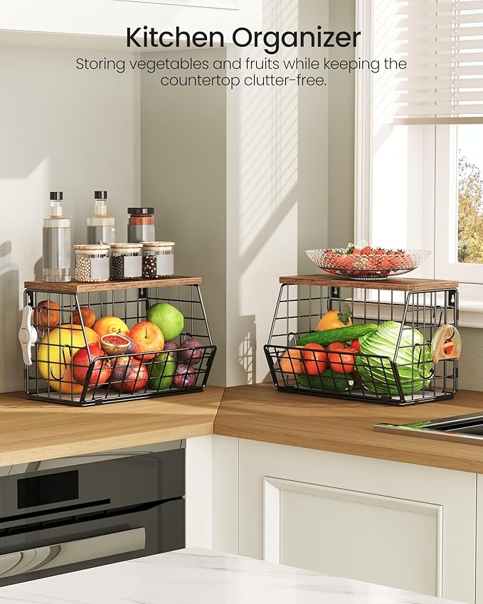 2-Tier Fruit Basket for Kitchen, Stackable wire basket with Wooden Lid, Hanging Basket with 4 Banana Hanger Hooks, for Snack, Fruit, Vegetable Storage, Rustic Brown and Black TCW04P2BF