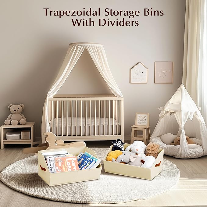 Closet Organizers and Storage Bins - 6 Pack Collapsible Divided Trapezoidal Cube Storage Bins Baskets with Orange Handle for Organizing Clothes Blankets, Toys, Books, Towels(Beige)