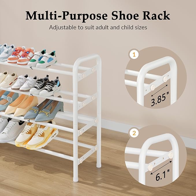 Shoe Rack for Closet,4 Tier Shoe Organizer, 28“ Metal Shelf Can Expandable to 42“, for Bedroom, Entryway, Living Room, Garage, Adjustable to 24 Pairs Shoes, White