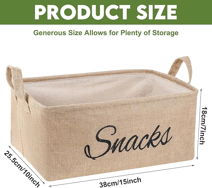 17 Pcs Snack Basket Sets, Snack Storage Bin for Pantry Shelves with 16 Pcs 2 Inch Chip Clips, Basket Organizer for Kitchen Home, Chips, Popcorn, Candy, Pretzels(Burlap,Khaki)