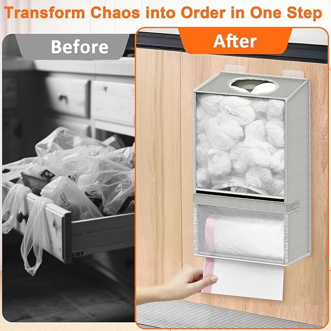 Wall Mount Plastic Bag Holder - Large Oxford Cloth Grocery Bag Holder, 2-in-1 Plastic Bags Organizer with Trash Roll Dispenser for Home Kitchen Closet Cabinets Sink, Gray