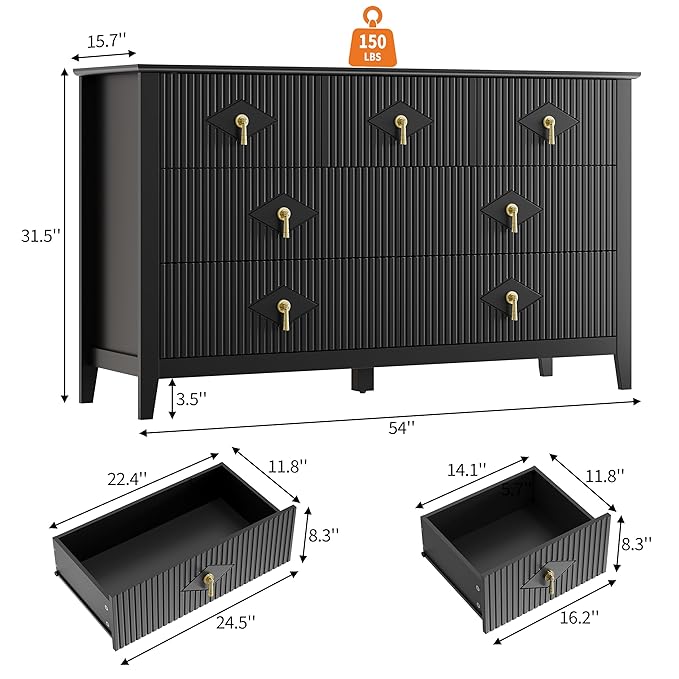 GarveeHome Fluted Dresser for Bedroom, 54 Inch Wide 7-Drawer Wood Dresser, Modern Chest of Drawers, Storage Organizer Cabinet for Living Room, Hallway, Entryway, Black