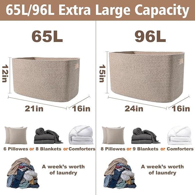 Woven Blanket Basket,65L Large Storage Bin for Blankets Toys Clothes,Decorative Rope Basket for Living Room Bedroom with Handles, Oatmeal