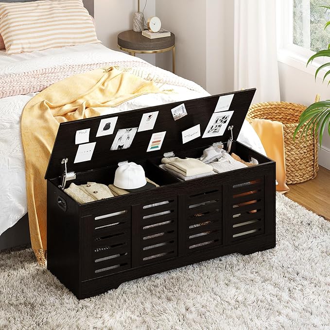 DINZI LVJ Storage Chest, 47.3â Wooden Toy Box with 2 Safety Hinges, Retro Entryway Shoe Storage Bench with Flip-Top, Sturdy Large Storage Trunk for Living Room, Bedroom, Easy Assembly, Espresso