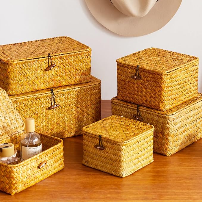 Wicker Storage Box with Lid, Handwoven Baskets for Storage, Square Decorative Baskets Bins Container for Shelf Organizing Home, Set of 3, Natural