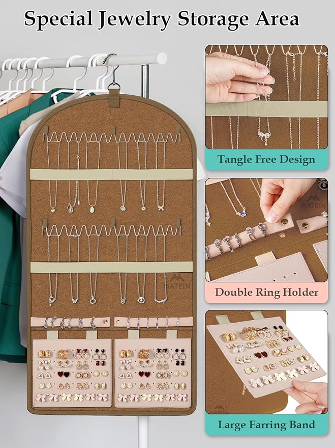 MATEIN Over the Door Jewelry Organizer with Travel Pouch, Double-Sided Hanging Necklace Earring Holder with Pockets, Large Jewelry Storage for Rings Bracelets, Valentines Gifts for Her, Beige-Brown