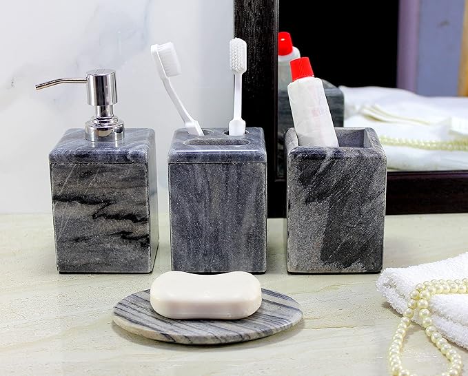 Bathroom Accessory Set Made from Natural Stone - Bath Accessories Set of 4 Includes Soap Dispenser, Toothbrush Holder, Tumbler and Soap Dish (Black)