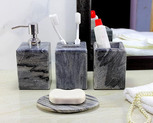 Bathroom Accessory Set Made from Natural Stone - Bath Accessories Set of 4 Includes Soap Dispenser, Toothbrush Holder, Tumbler and Soap Dish (Black)
