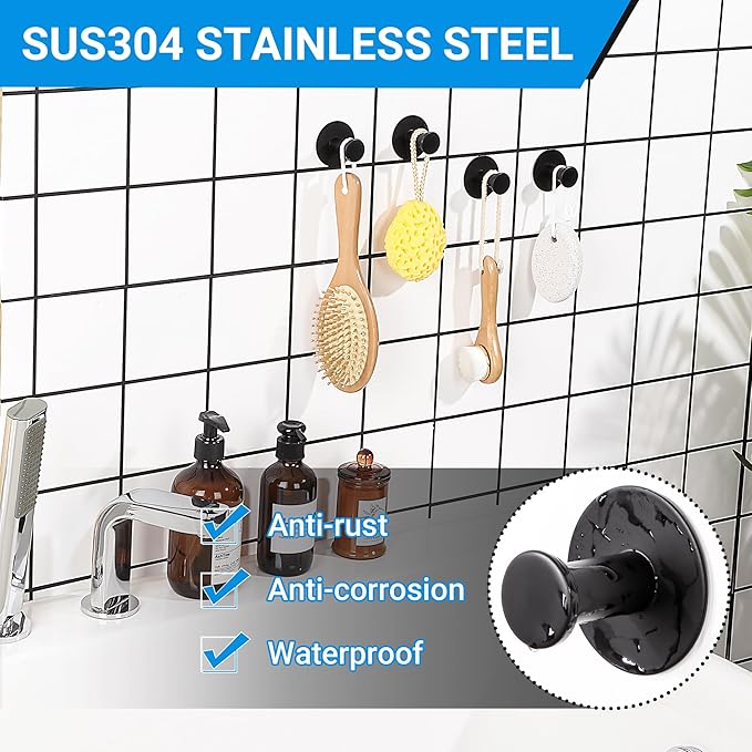 SAYAYO Self Adhesive Hooks for Hanging, Coat Hooks Wall Mount Matte Black Towel Hook for Bathrooms, Stick on Hook SUS304 Stainless Steel, 4pcs