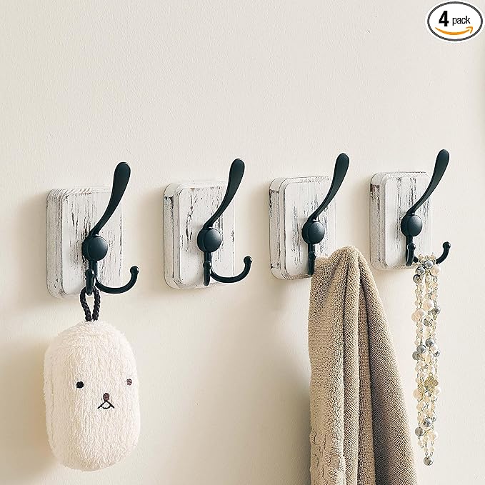 4 Pack Rustic Coat Hooks Wall Mount, Farmhouse Towel Hooks for Bathrooms, Heavy Duty Adhesive Mounted & Drill Mount Decorative Wood Wall Hooks for Hanging Towel Robe Backpack (White)