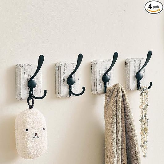 4 Pack Rustic Coat Hooks Wall Mount, Farmhouse Towel Hooks for Bathrooms, Heavy Duty Adhesive Mounted & Drill Mount Decorative Wood Wall Hooks for Hanging Towel Robe Backpack (White)