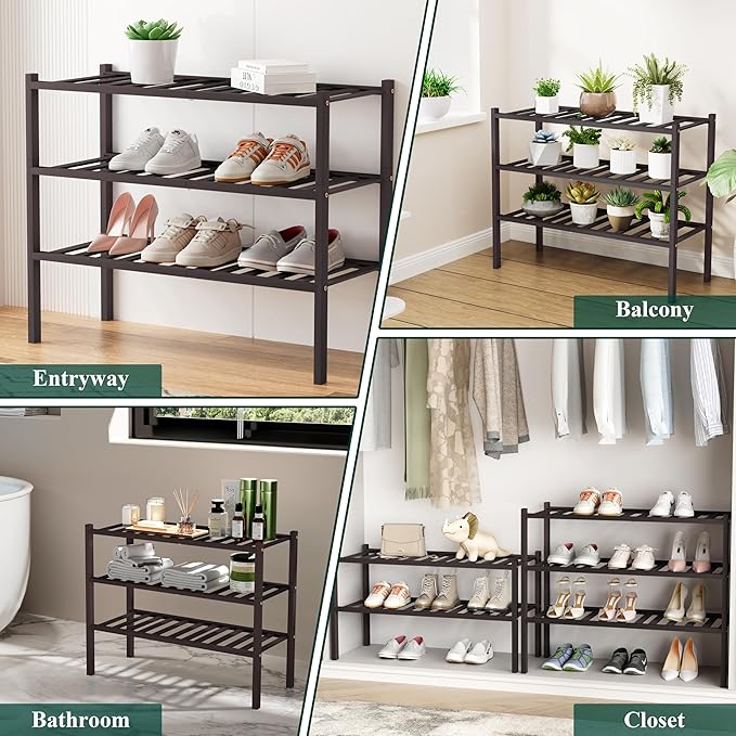 Smiry Shoe Rack, 5 Tier Long Bamboo Shoe Organizer, Stackable Free Standing Wooden Shoe Storage Shelf for Closet, Entryway, Front Door Entrance, Brown