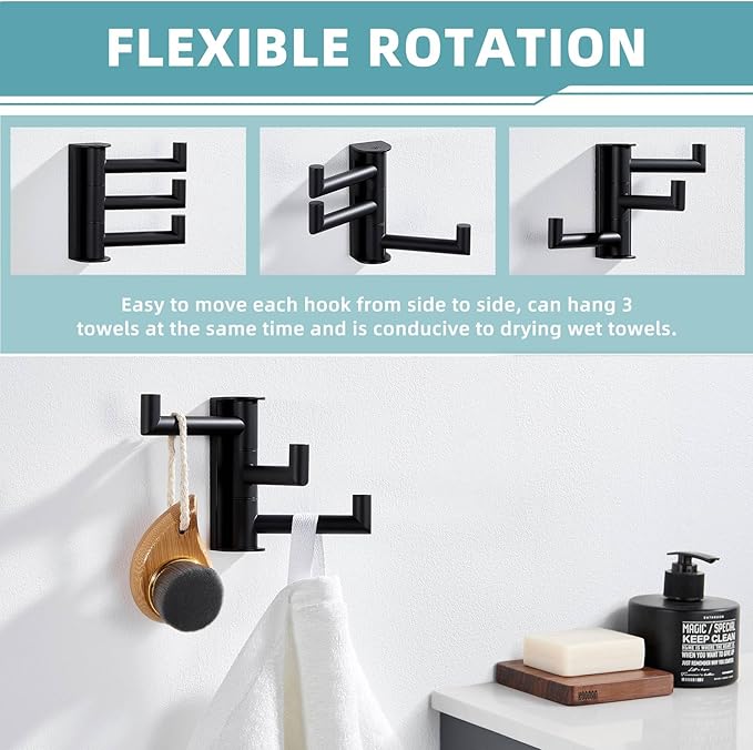 Suyar Swivel Towel Hook 3 Arms, SUS 304 Stainless Steel Coat Robe Holder, Foldable Wall Hook, Matte Black