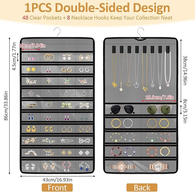 Hanging Jewelry Organizers and Storage, Double-Sided Jewelry Necklace Holder for Jewelries, Earrings, Accessories, Rings on Closet, Door, Wall (1,Gray)