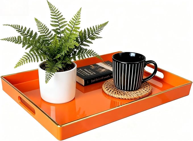 Zosenley Decorative Tray, Rectangular Plastic Tray with Handles, Modern Vanity Tray and Serving Tray for Bathroom, Kitchen, Ottoman and Coffee Table, 15.6â x 10.2â (Orange)