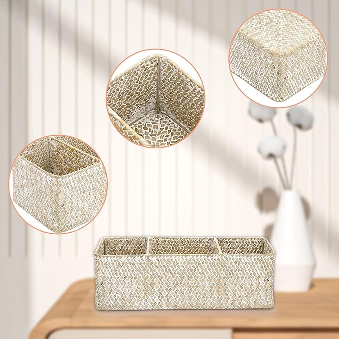 Hipiwe Seagrass Storage Basket Bin- 3 Sections Hand-Woven Toilet Basket Wicker Shelf Basket Bathroom Organizer Bins for Shelves, Kitchen, Pantry, Closets, Toilet Paper Tissue Organizer