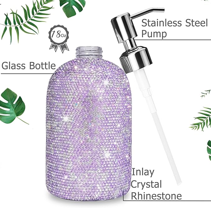 SlowVibes 18Oz Bling Purple Glass Soap Dispenser With Rust Proof Stainless Steel Pump,Refillable Liquid Hand Wash Bottle For Bathroom Kitchen,Sparkle Decorative Rhinestone Shower Lotion Dish Dispenser