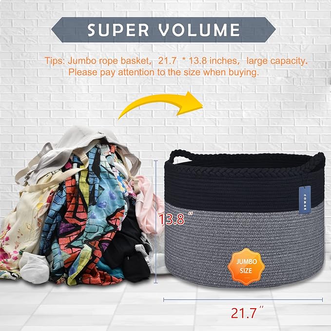 COMSE Extra Large Blanket Basket, Woven Laundry Basket, 21.7âx 13.8â, Nursery Hamper, Cotton Rope Laundry Hamper Living Room for Storage Toys Clothes Towels(Black & Gray)
