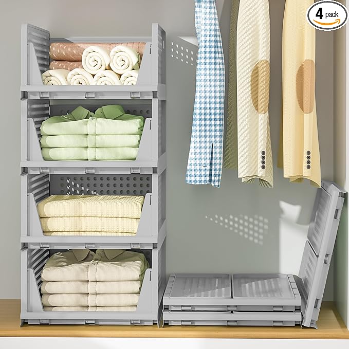 Neprock Clothes Storage - 4 Pack Plastic Drawer Organizers, Stackable Closet System for Towel, T-Shirt, Sweater (4L Gray)