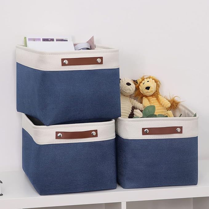 HNZIGE Large Storage Baskets for Shelves(3 Pack) Fabric Toy Basket with Leather Handles, Decorative Foldable Storage Baskets (White&Blue,15" x 11" x 9.5")