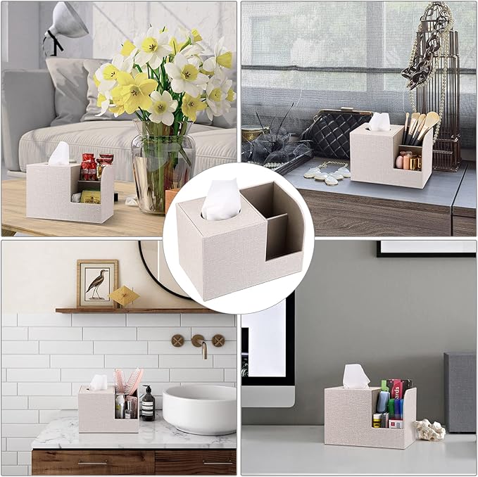 Sumnacon Square Linen Tissue Box Cover - Decorative Cube Tissue Box Holder with Side Organizer, Modern Tissue Box for Living Room Vanity Night Stand Table Countertop Office, Beige