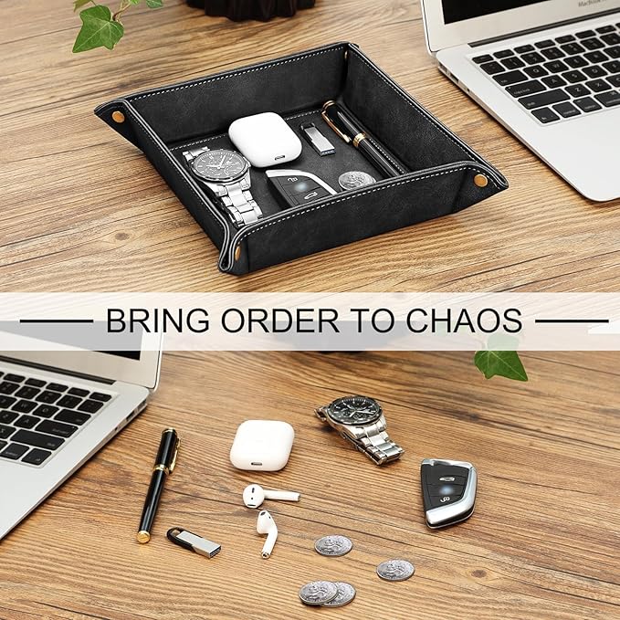 SITHON Valet Tray Desktop Storage Organizer â Premium PU Leather Catchall Bedside Vanity Tray Nightstand Caddy Holder for Keys, Phone, Wallet, Coin, Jewelry, Valentine's Day Gift, Black