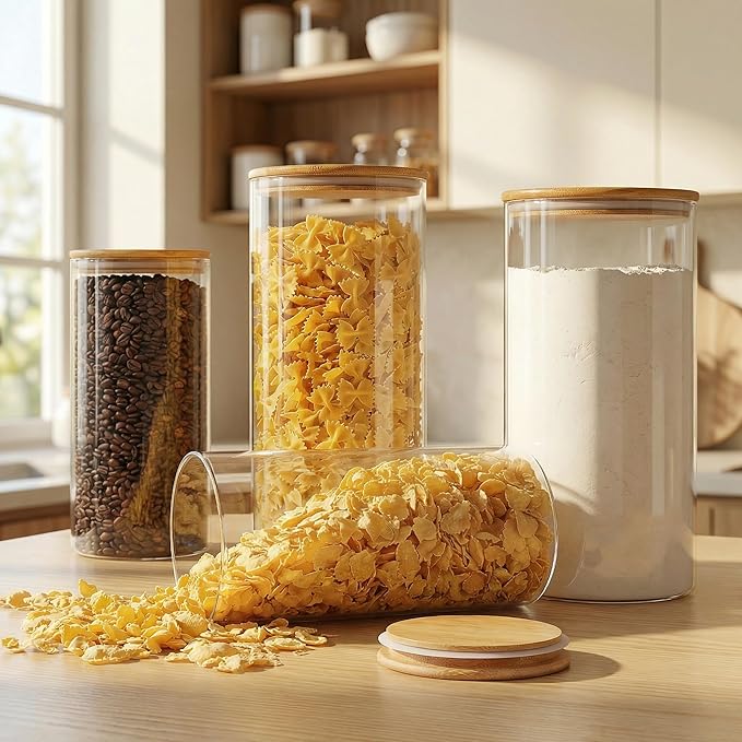 Large Glass Flour and Sugar Containers 180oz x2 & 93oz x2 [Set of 4], Glass Food Storage Containers with Bamboo Lids, Glass Jar with Airtight Lid for Spaghetti Pasta,Rice,Cereal,Coffee, Oat