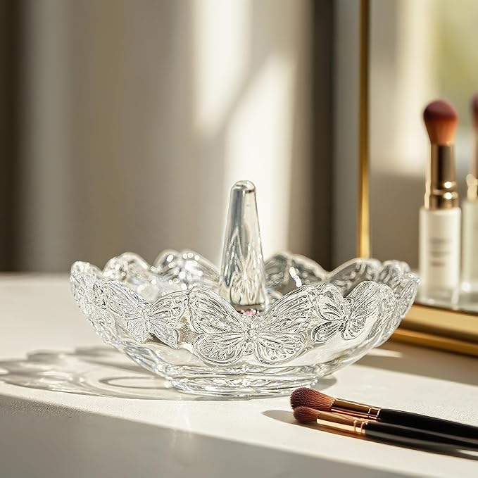 kanpura Crystal Glass Jewelry Tray with Butterfly Pattern Decorative Trinket Dish for Rings Earrings Necklaces Birthday Mother's Day Gift for Women, 4 ", Clear