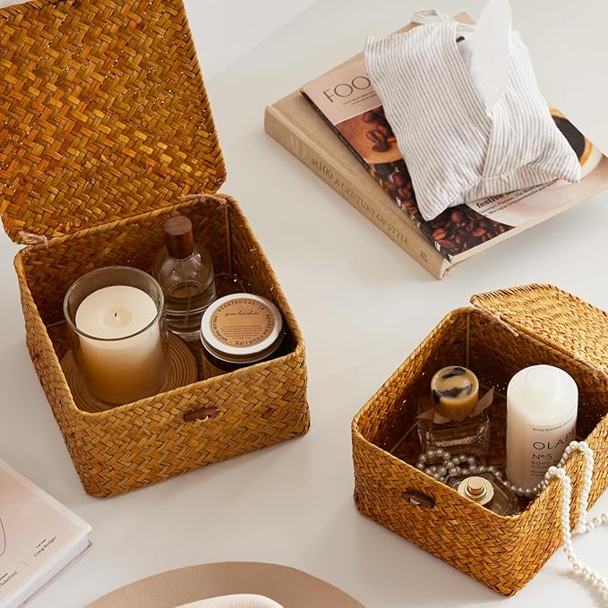 Wicker Storage Box with Lid, Handwoven Baskets for Storage, Square Decorative Baskets Bins Container for Shelf Organizing Home, Set of 3, Natural