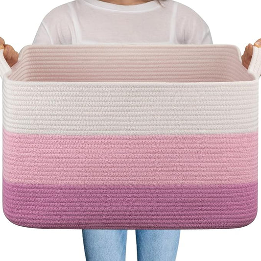 OIAHOMY Large Storage Basket, Cotton Rope Woven Blanket Basket, Toy Bin for Baby Room, Container for Blanket Storage in Living Room, 20''×16''×12'', Gradient Pink