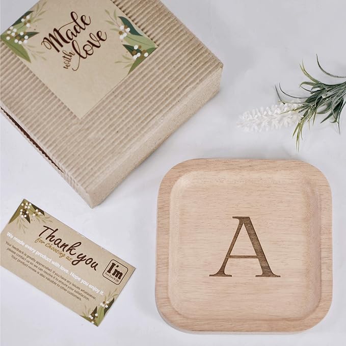 I'm Wooden Personalized Letter Catchall Valet Tray Trinket Dish Jewelry Tray Key Bowl Decorative Plate Organizing Ring Earrings Necklaces Bracelet Watch Coins Wallet Holder (6"x6" Sq Natural A)
