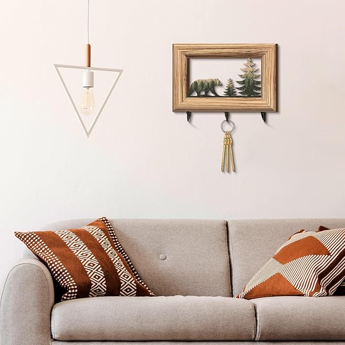 Woodland Bear Key Holder with 3 Metal Hooks Log Framed Black Bear Hooks Rustic Wildlife Cabin Farmhouse Forest Wall Mount Hanger Rack Key Hanger for Kitchen, Entryway, Hallway Decor