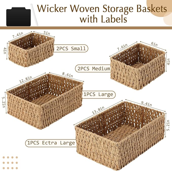 Marsui 6 Pcs Wicker Storage Baskets with Labels Handwoven Paper Rope Multi-size Natural Wicker Storage Bins for Organizing Small Baskets Container for Shelves Closet Pantry Toilet(Natural)