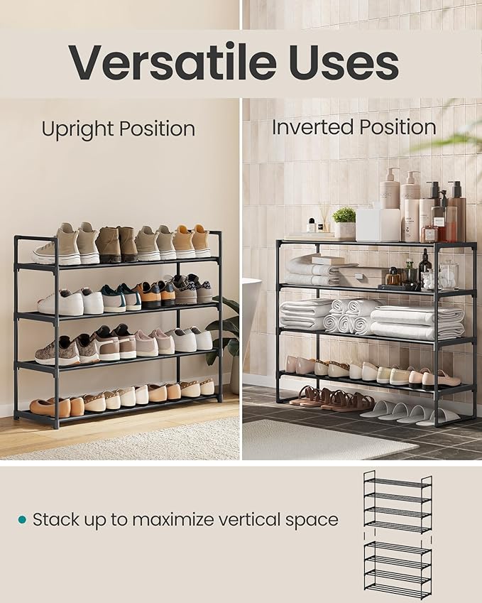SONGMICS Shoe Rack, 4-Tier Shoe Organizer, Metal Storage Shelf, Upright or Upside Down, for 20-25 Pairs, Stackable, for Entryway, 11.8 x 36.2 x 29.1 Inches, Black ULSA14BK