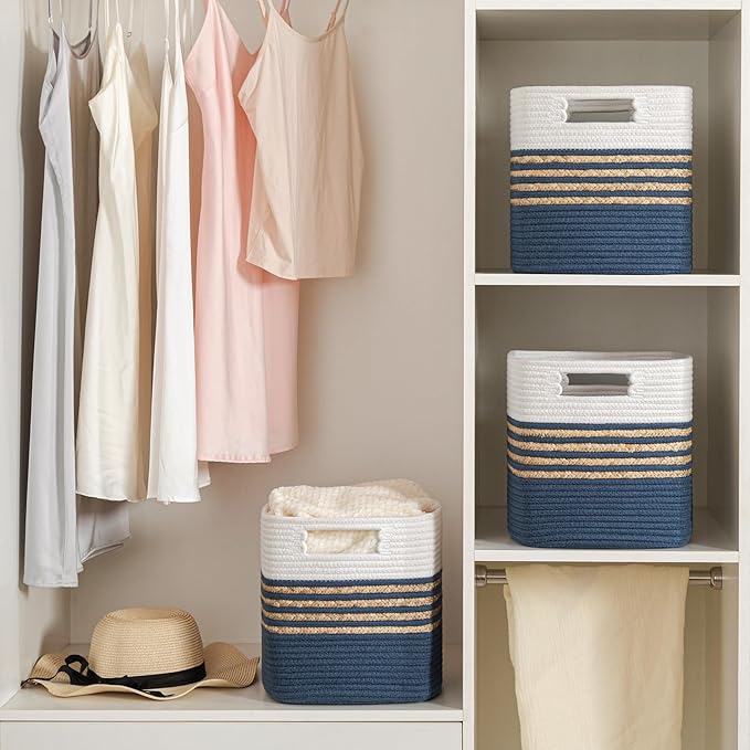 UBBCARE Storage Cubes 11 X 10.5 X 10.5 in, Water Hyacinth Storage Bins for shelves, Toys, Book, Storage Baskets with Handles, Cotton Rope Woven Baskets for Organizing, Navy Blue