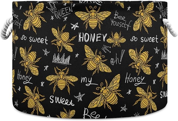 visesunny Storage Basket Golden Honey Bee Animal Nursery Hamper Canvas Fabric Toy Storage Organizer Bin Storage Box Laundry Basket for Kid Rooms,Playroom,Shelves,Toy Basket